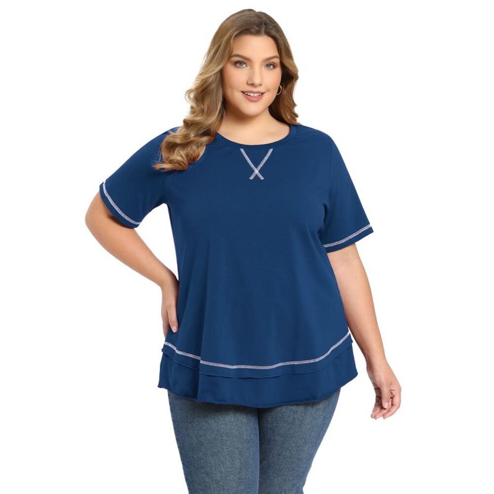 Women Plus Size Summer Crew Neck Short Sleeve Tops Navy Blue